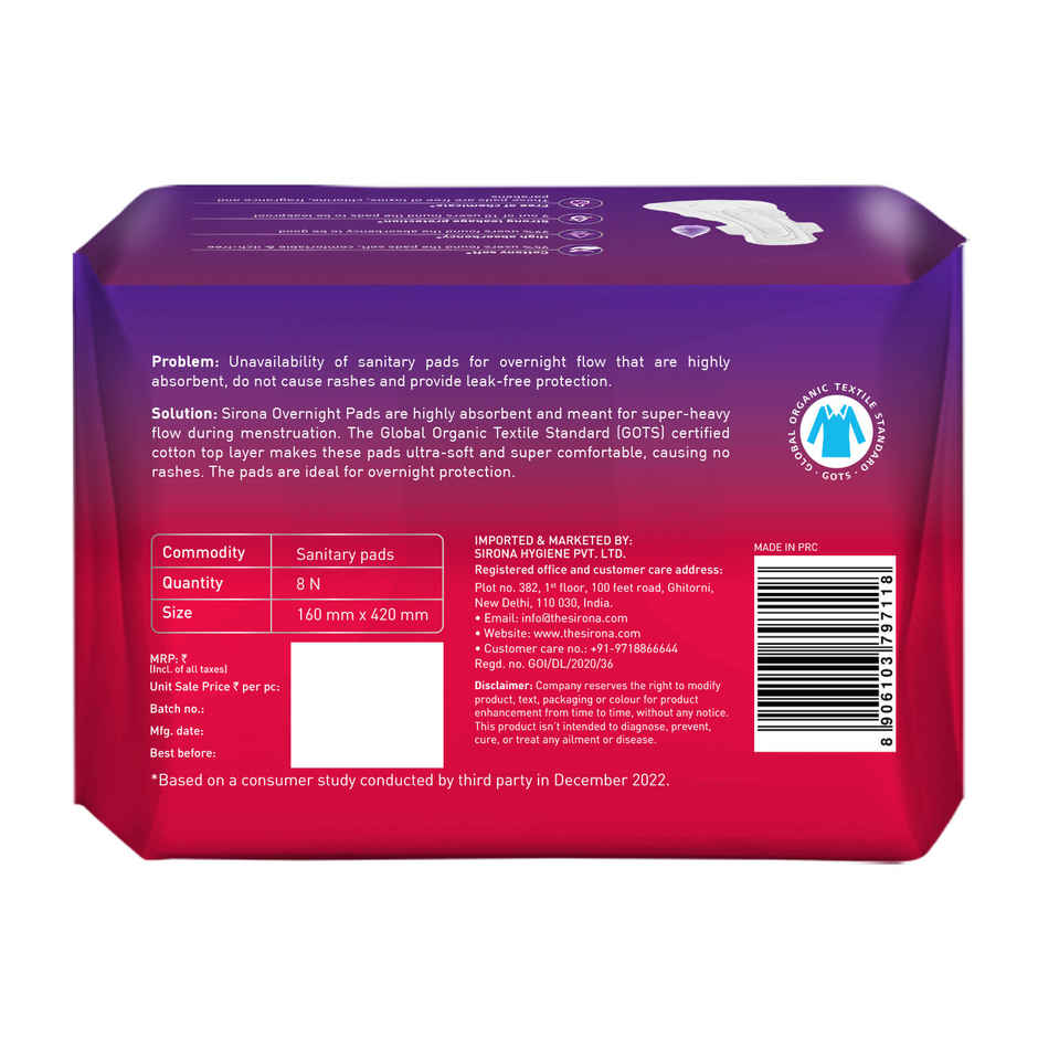 Sirona Max Over Night Sanitary Pads | XXXL+ | 8 pcs